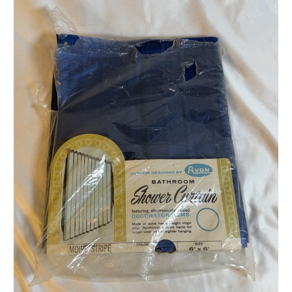 Vintage Avon Dark Blue Moire Stripe 6' x 6' Shower Curtain w/Decorator Hems